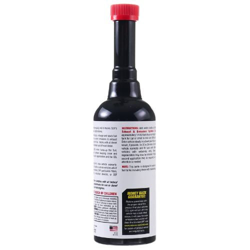Back side of rislone def clean diesel dpf exhaust cleaner black spray bottle with red cap and white instruction label