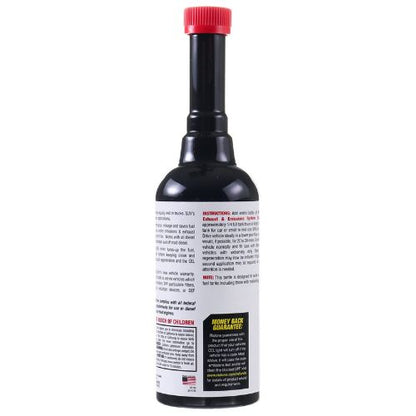 Back side of rislone def clean diesel dpf exhaust cleaner black spray bottle with red cap and white instruction label