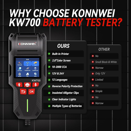 Black konnwei kw700 12v 24v battery tester with 28 inch color screen and insulated alligator clips for agm efb gel batteries