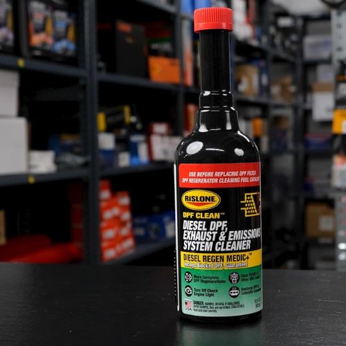 Black bottle with red cap and colorful label of rislone def clean diesel dpf exhaust and emissions system cleaner 500 ml