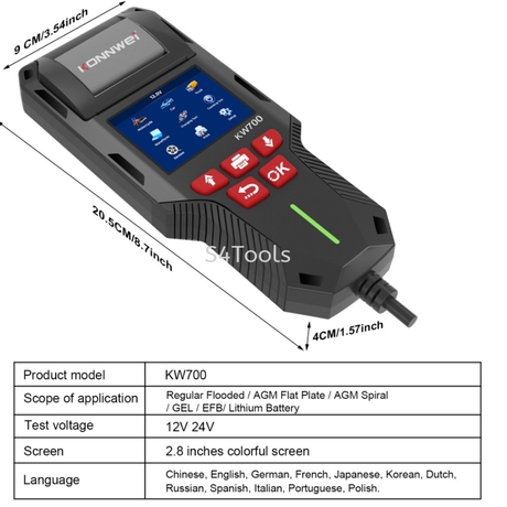 KONNWEI KW700 battery tester with printer side view — DIN66 supported, ideal for 12V/24V AGM EFB GEL batteries in India
