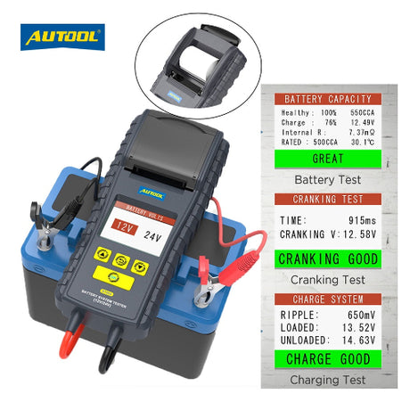 Black and blue autool bt860 battery tester with digital voltage display and printer for professional 12v 24v analysis