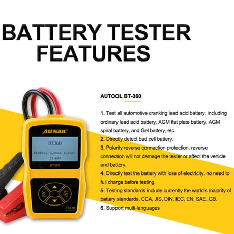 Autool BT360 battery tester side view – 12V/24V AGM, EFB & Lead-Acid testing for Indian vehicles