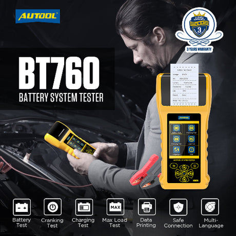 Yellow autool bt760 battery tester with digital display and red leads best 12v 24v load tester with printer india