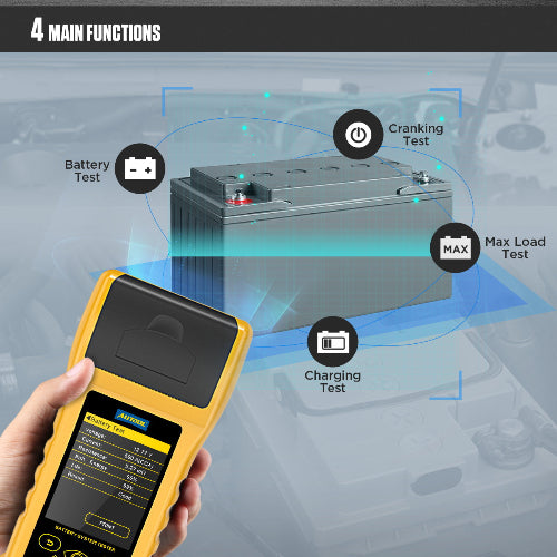 Yellow handheld autool bt760 battery tester with black screen and buttons displaying car battery readings for 12v/24v testing
