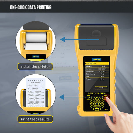 Yellow and black Autool BT760 battery tester with digital display showing 12V and 24V load test results with printer