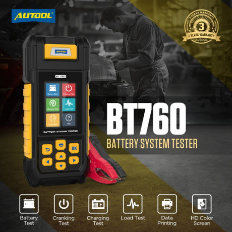 Black and yellow autool bt760 12v 24v battery tester with color screen load tester and test leads for india use