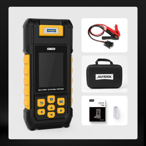 Black and yellow rugged autotool bt760 battery tester with screen and buttons for 12v 24v load testing with printer