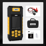 Black and yellow rugged autotool bt760 battery tester with screen and buttons for 12v 24v load testing with printer