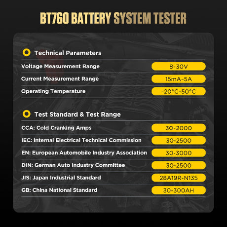 Autool bt760 black battery system tester with yellow technical specs and test standards on dark background for 12v 24v use