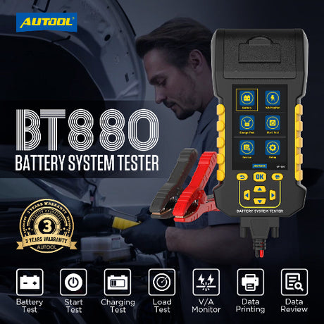AUTOOL BT880 battery load tester size reference next to common objects, compact 12V/24V AGM tester for India