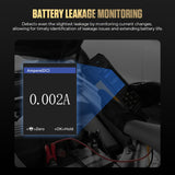 Black AUTOOL BT960 lead-acid and lithium battery tester with digital screen showing 0.002a leakage reading