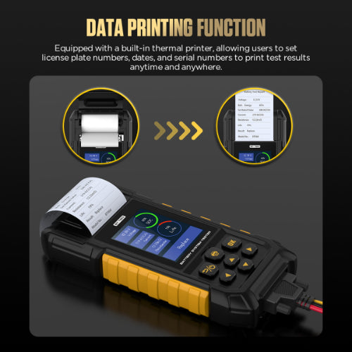 Autool BT960 black and yellow rugged handheld lead-acid and lithium battery tester with built-in thermal printer