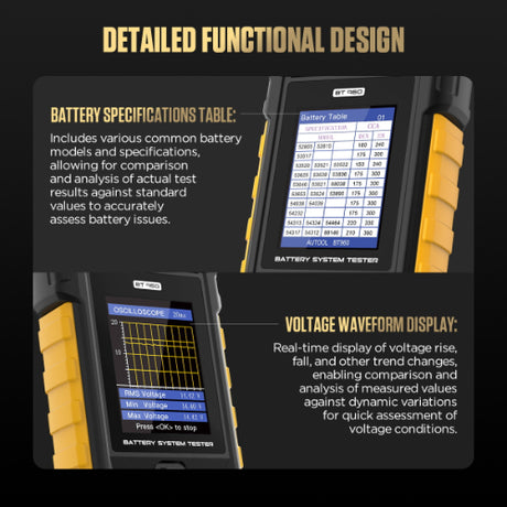Autool BT960 yellow and black handheld lead-acid and lithium battery tester with digital display and printer