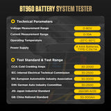Black AUTOOL BT960 lead-acid and lithium battery tester with yellow technical specs and test standards on dark background