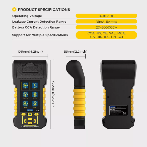 Autool BT880 black and yellow handheld battery tester with digital screen ergonomic grip and detachable probe for 12V and 24V batteries