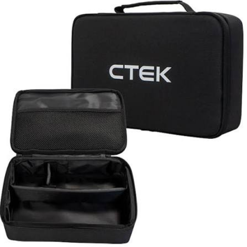 Black CTEK hard case shown closed with the brand name printed in white on the front, alongside an open view of the same case revealing interior compartments, on a plain white background.