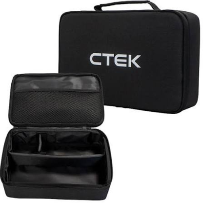 Black CTEK hard case shown closed with the brand name printed in white on the front, alongside an open view of the same case revealing interior compartments, on a plain white background.