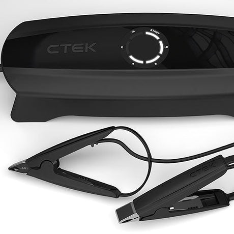 CTEK CS one 12V smart battery charger with app control features a sleek black glossy finish and circular illuminated dial