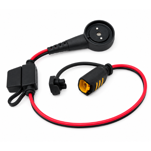 A black magnetic adapter cable with red and black wires, featuring a circular magnetic mount, a black connector block, and a yellow-accented plug, shown on a white background.