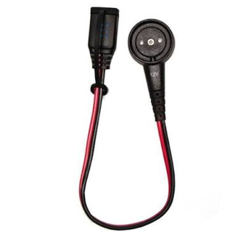 A 12V marine electronic adapter cable with a black multi-pin connector on one end and a round 12V port on the other, featuring red and black wires, shown against a plain white background.