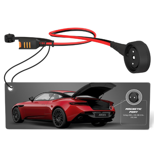 A magnetic car charging port adapter with a red and black cable and a black plug, shown above a rectangular graphic card featuring a red sports car and text reading 'MAGNETIC PORT' and 'Version 3.01-3.