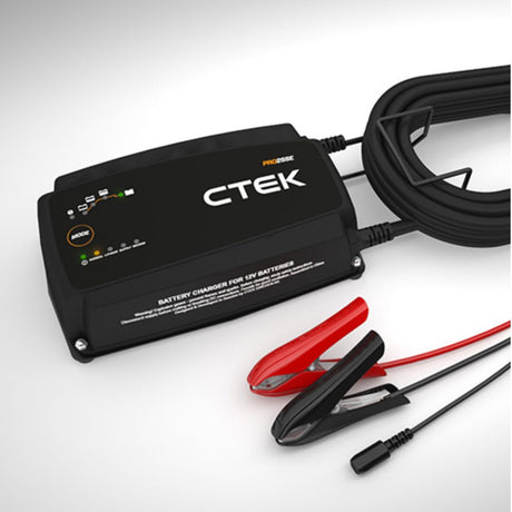 CTEK Pro25S charger powering a vehicle battery in an Indian garage, the reliable 12V c tech charger for home and workshop use