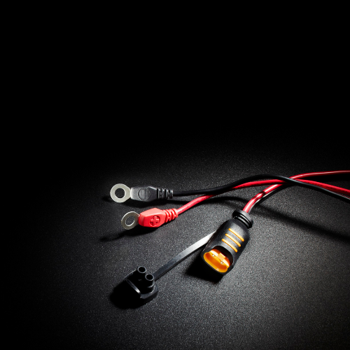 Black and red insulated test leads with a black connector housing an amber led indicator for ctek comfort connect eyelet m8 battery charging