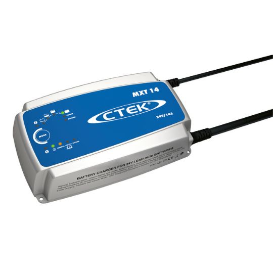 CTEK MXT 14 automatic charger shown with size reference object for scale, 24V 14A AGM battery charger available in India