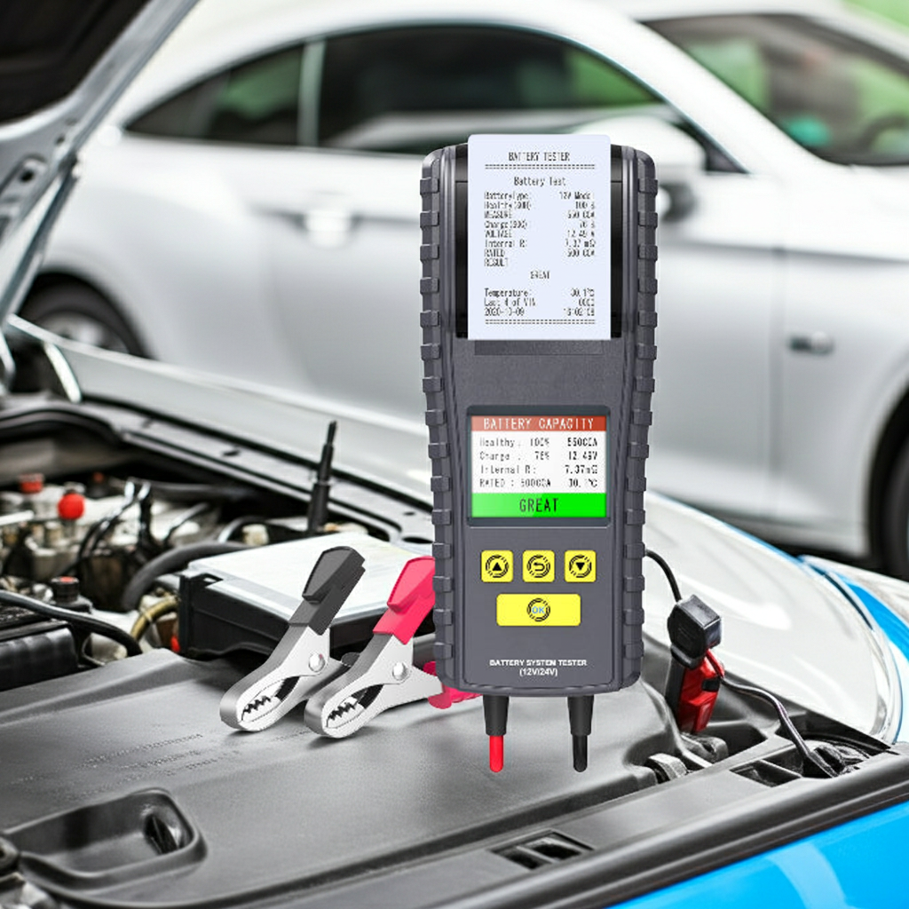 Black AUTOOL BT860 12V 24V handheld battery tester with digital display showing great and red black probes for car batteries