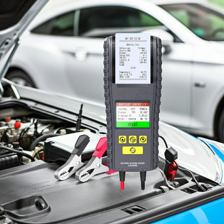 Black AUTOOL BT860 12V 24V handheld battery tester with digital display showing great and red black probes for car batteries