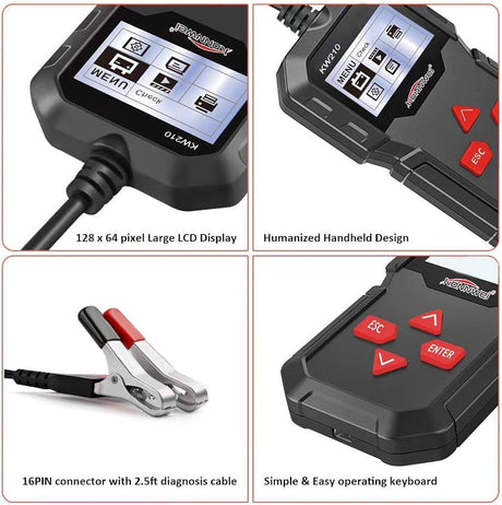 Mechanic using Konnwei KW210 portable battery tester on car in Indian garage, 12V AGM EFB GEL, 2000 CCA