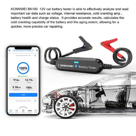 Black konnwei bk100 12v car battery tester with red and black clamps for precise wireless automotive diagnostics
