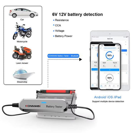 Silver and black konnwei bk100 bluetooth battery tester for wireless 6v to 16v battery diagnostics in india