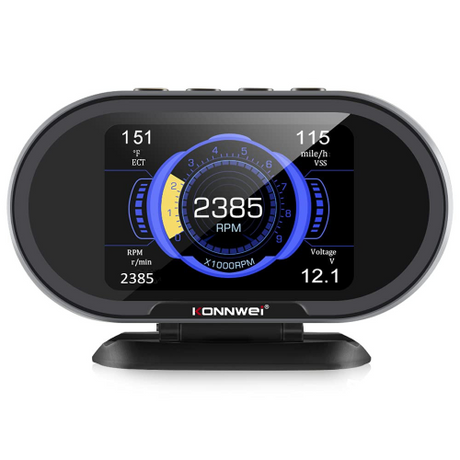 Driver using Konnwei KW206 car OBD display on dashboard while driving on an Indian highway at night