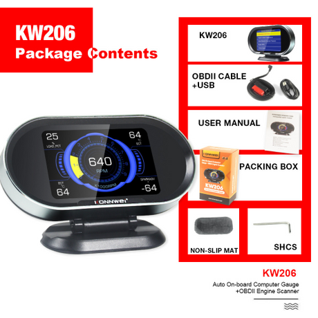 Konnwei KW206 OBD2 scanner side view showing car OBD display port connector and compact diagnostic tool design