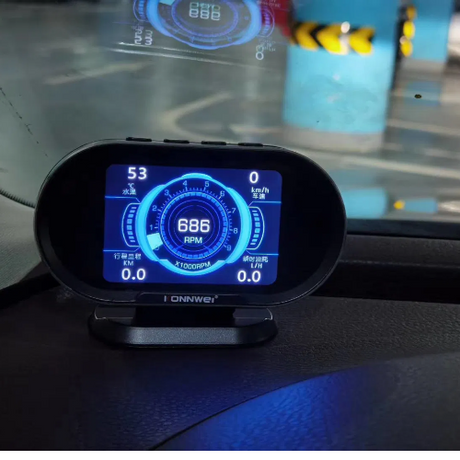 Black oval konnwei kw206 obd2 scanner digital car dashboard display with blue screen showing speed rpm metrics