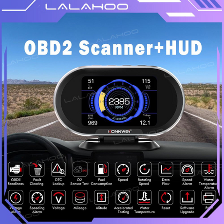 Black konnwei kw206 obd2 scanner with hud display showing speed rpm and vehicle diagnostics on digital screen