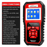 Red and black konnwei kw850 obd2 scanner with 28 inch tft screen showing automotive functions for car diagnostics in india