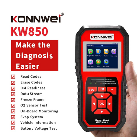 Konnwei KW850 OBD2 car diagnostic scanner side view, compatible with all cars sold in India