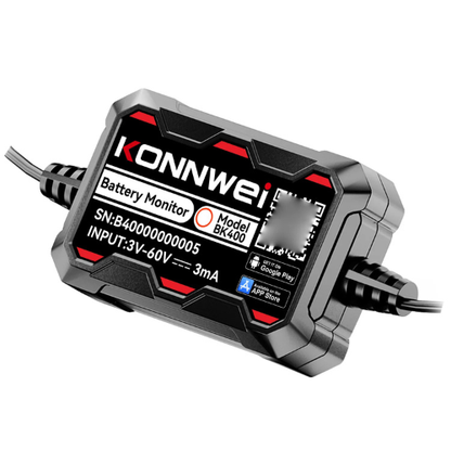 A Konnwei Battery Monitor (Model BK-406) with a rugged black and gray casing and red accents, shown at an angle with its power cables connected on a white background.
