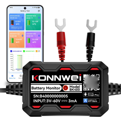 Konnwei BK400 battery monitor device with red and black test leads, shown alongside a smartphone displaying a battery test app interface on a white background.