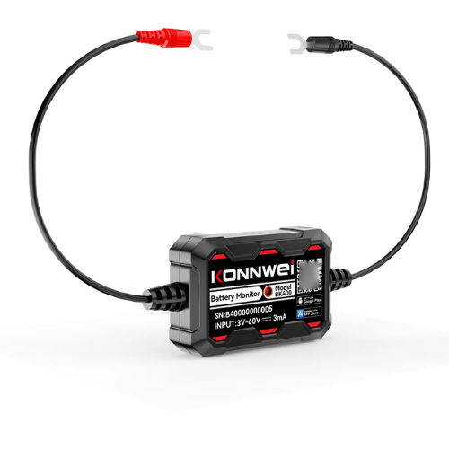 A Konnwei battery monitor device with a black casing and attached black cable, featuring red and black connector tips, on a clean white background.