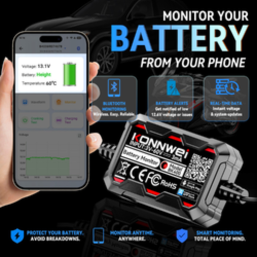 A hand holds a smartphone showing a battery monitoring app screen next to a boxed and unpackaged KONNWEI battery diagnostic device on a dark reflective surface. Blue callout graphics highlight features such as Bluetooth connection, real-time battery status, remote monitoring, and multi-device support.