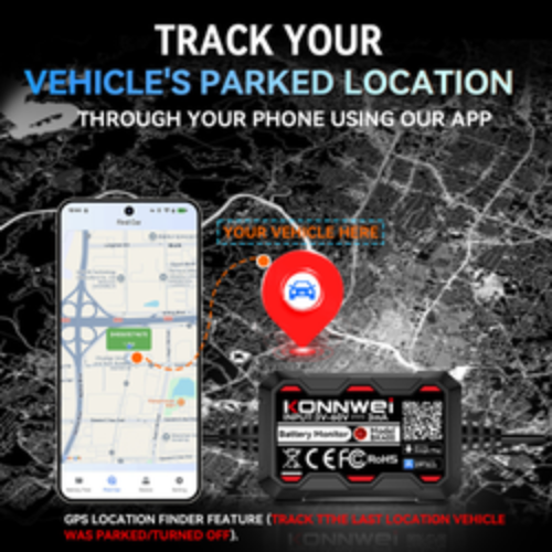 A GPS vehicle location tracker device shown next to a smartphone app screen on a dark map background. Text at the top reads 'TRACK YOUR VEHICLE'S PARKED LOCATION THROUGH YOUR PHONE USING OUR APP,' and the device branding appears to read 'IONWEN.