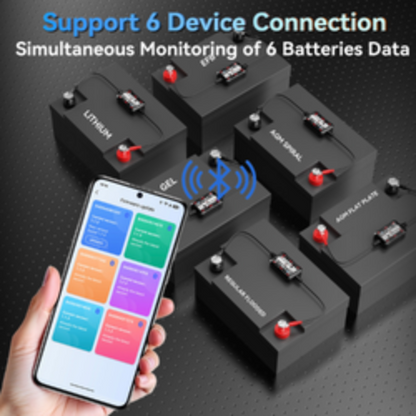 Six black lithium-ion batteries arranged on a dark textured surface, with a hand holding a smartphone showing a battery monitoring app screen. Blue text at the top reads 'Support 6 Device Connection' and 'Simultaneous Monitoring of 6 Batteries Data,' with Bluetooth symbol graphics between the phone and batteries.