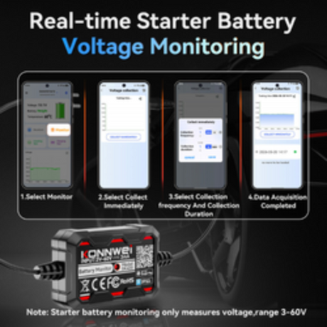A promotional graphic for a real-time starter battery voltage monitoring device. The top features the text 'Real-time Starter Battery Voltage Monitoring' above four smartphone app screen previews showing monitoring steps.