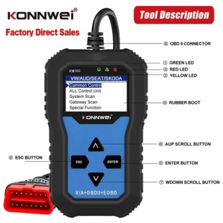 Konnwei KW350 car OBD scanner held in hand showing compact size, compatible with all cars in India