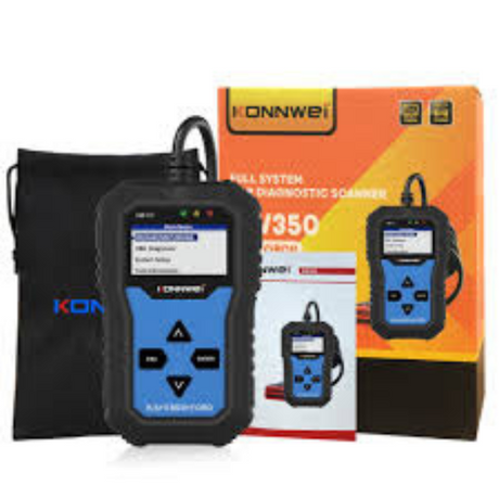 Blue and black konnwei kw350 obd2 scanner with rugged casing screen showing menu options and attached cable for car diagnostics