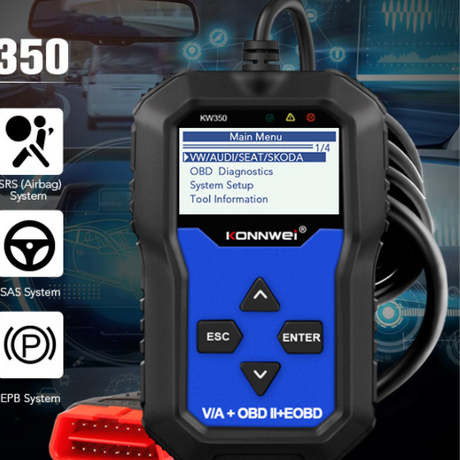Konnwei KW350 car OBD scanner side view showing compact design for vehicle fault diagnosis across India